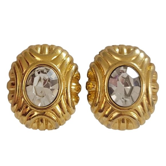 Monet Gold Tone Oval Clear Glass Rhinestone Center Clip-On Earrings, Signed K987 - Picture 9 of 9